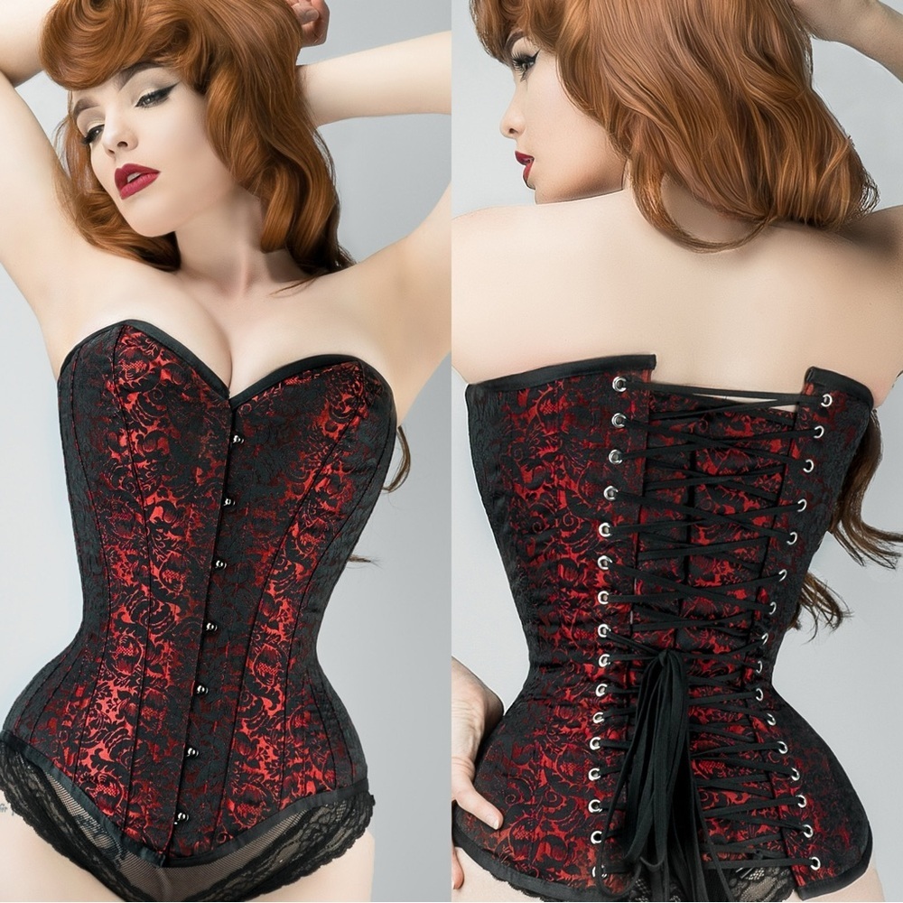 Corset Story Women’s Long Red Brocade Pattern Corset With Hip Gores in Red 22